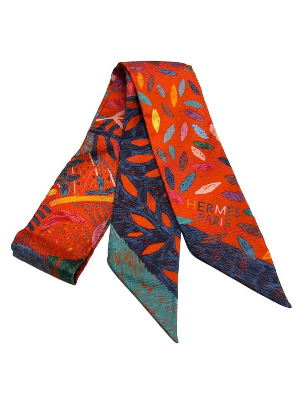 Hermes Scarf Twilly Orange Light Blue Multi Ribbon Floral Pattern